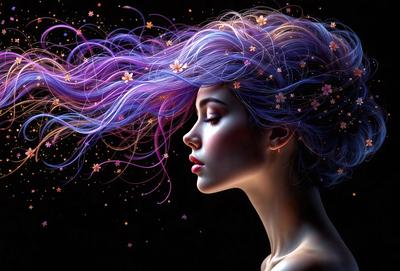 The primary subject of the image is a woman with purple hair, who is looking at the camera. She has a flower in her hair, adding a touch of natural beauty to her appearance. The setting is a dark background, which contrasts with the woman's vibrant hair color. The visual style is a digital art or illustration, showcasing the woman's unique and artistic appearance. The colors and mood of the image are predominantly purple, creating a sense of mystery and allure.